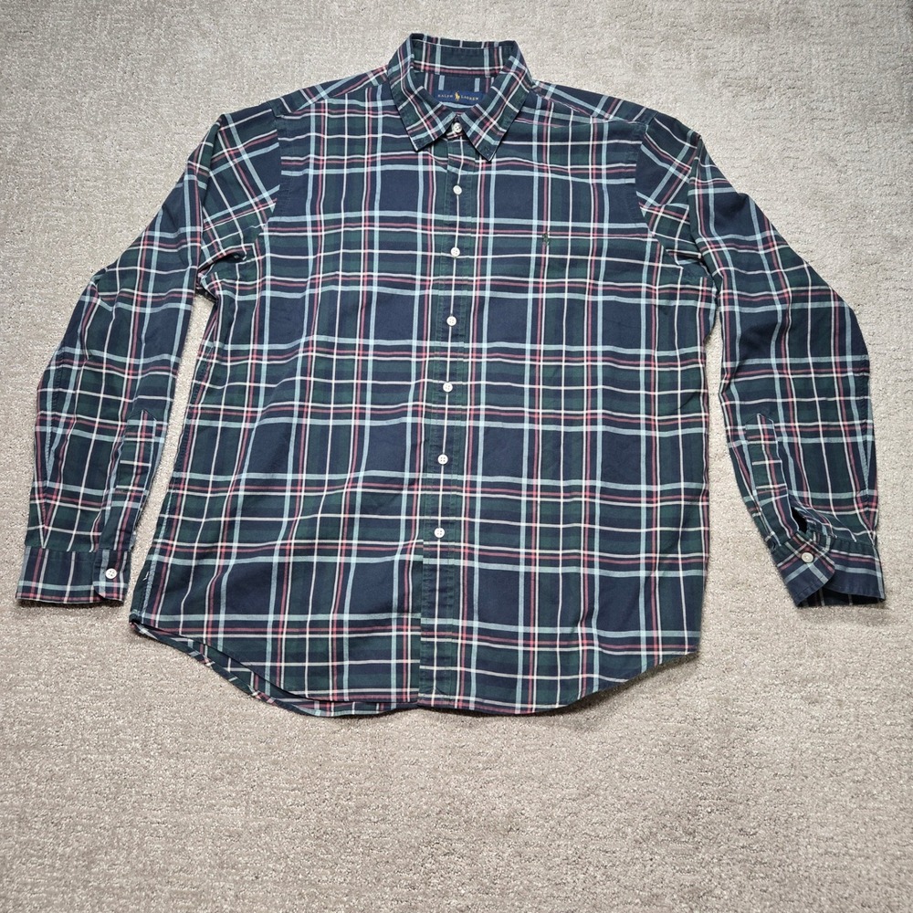 Ralph Lauren Mens XL Plaid Button Down Shirt Navy Green Red Long Sleeve pony